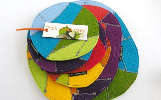 Multicolored ecoconcious trivets and coasters in european wool felt offcuts