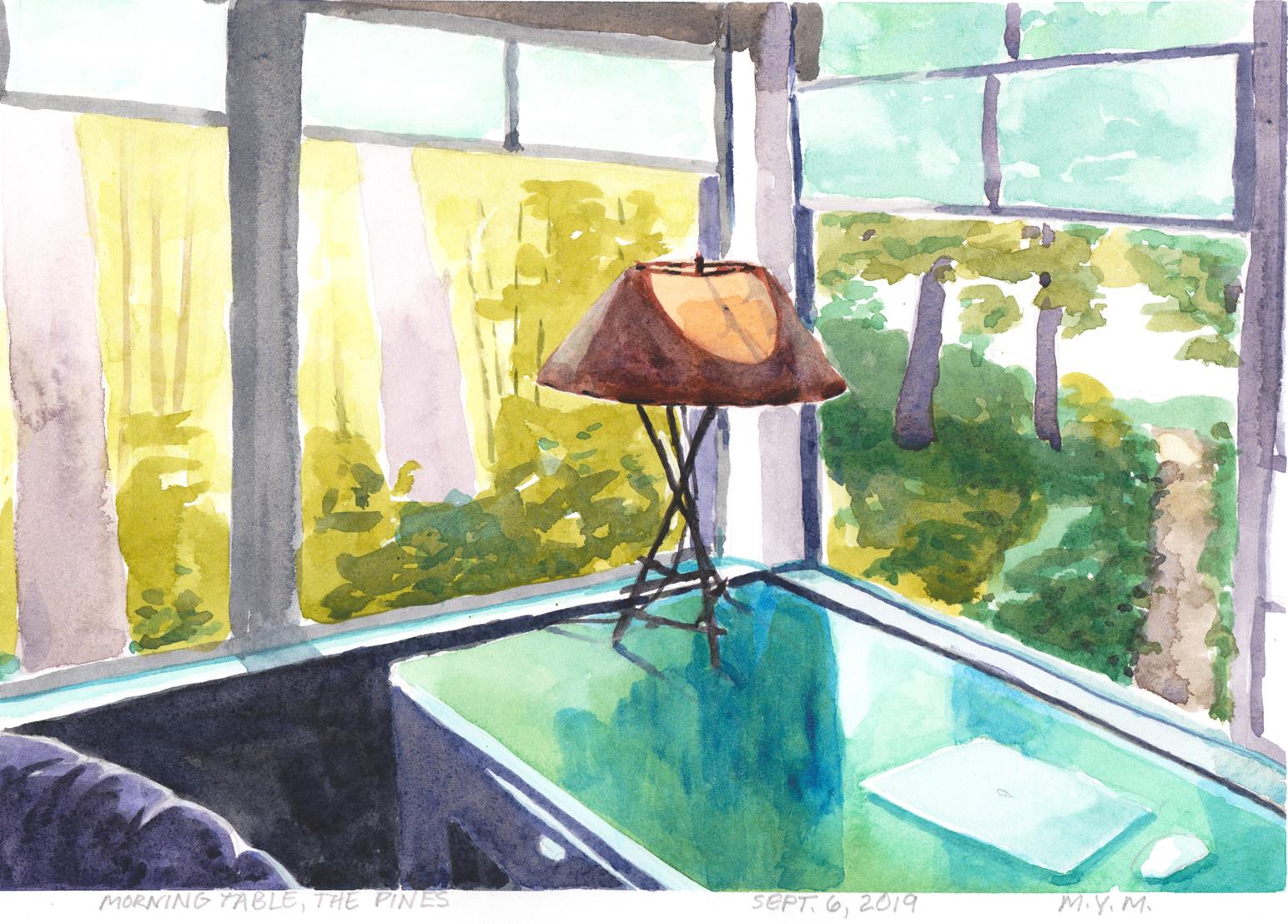Original small watercolor painting of a table in a screened in cottage porch in the summer morning light.
