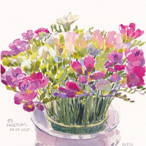 Small original watercolour painting for sale of freesia flowers
