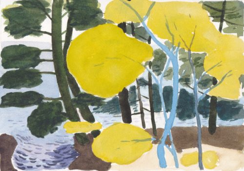 Original watercolor painting abstract landscape summer light on young leaves for sale
