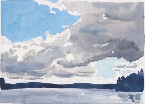 Small watercolour painting of a cloud front over Pine Lake