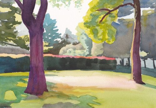 Original watercolor painting of red hedge in morning summer light in Toronto