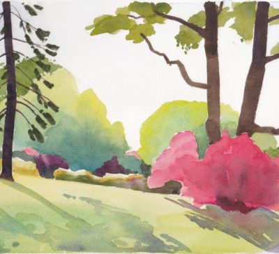 Small original watercolour not reproduction of burning bush in parkland lit by morning sun