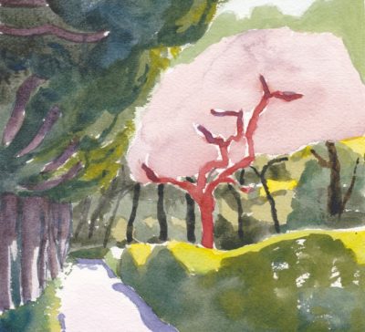 Impressionist watercolour painting of park trees