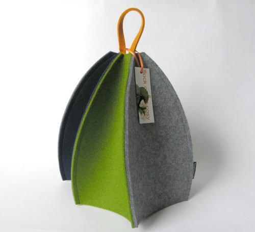 Standard size tea cosy with six panels of alternating coloured thick wool felt, expandable size