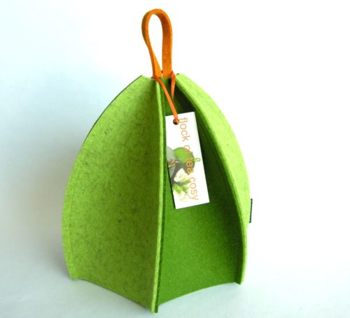 Tea cosy small in green wool felt expandable six paneled design by flock of tea cosy