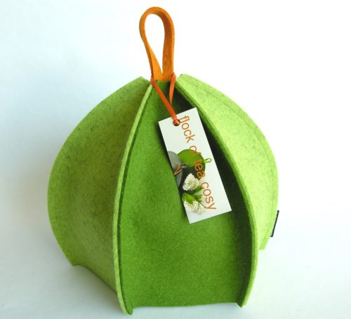 Modern tea cozy expandaable wool felt in moss green and pistachio green by flock of tea cosy