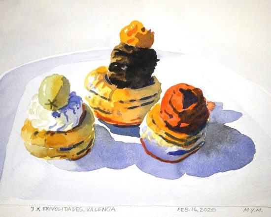 Small original watercolour painting of three frivolidades on a plate in Valencia Spain
