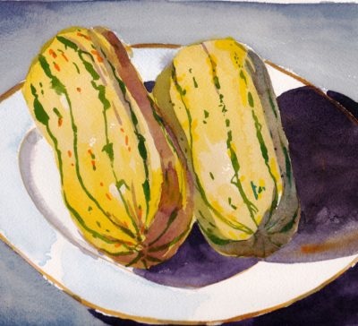 Small watercolour painting still life of two delicata squash on a white limoges gold rimmed plate in strong side light