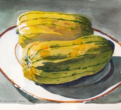 Small original watercolour painting of two delicata squash on a gold-rimmed white porcelain plate