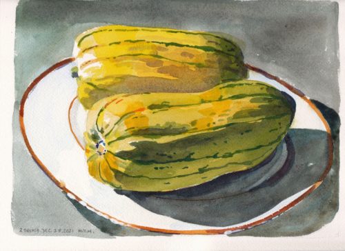 Small original watercolour painting of two delicata squash on a gold-rimmed white porcelain plate