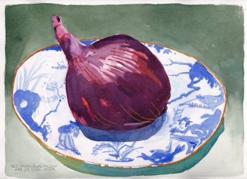 Small original watercolour painting of a red onion on a china plate in the Blue Willow pattern