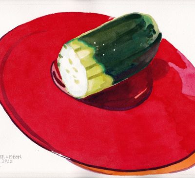 Original small watercolour painting of a green cucumber on a red glass plate.