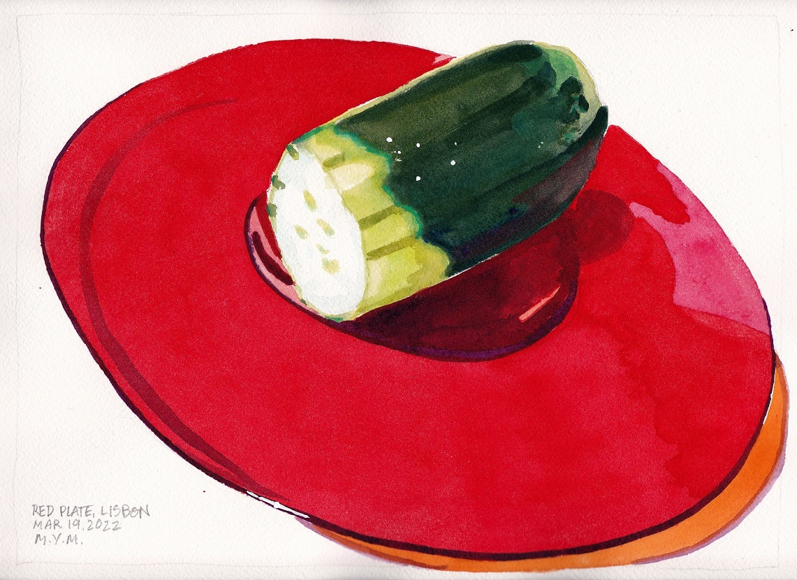 Original small watercolour painting of a green cucumber on a red glass plate.