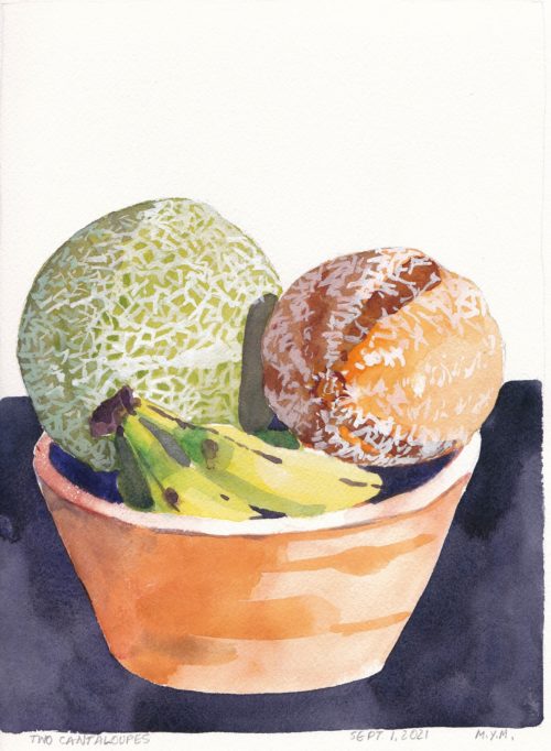 Painting of two cantaloupes and bananas in a wooden bowl on a dark ground.
