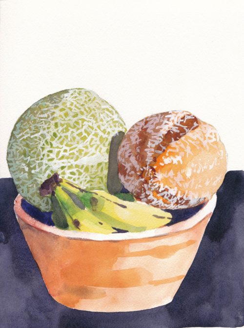 Watercolour painting of two cantaloupes in a wooden fruit bowl