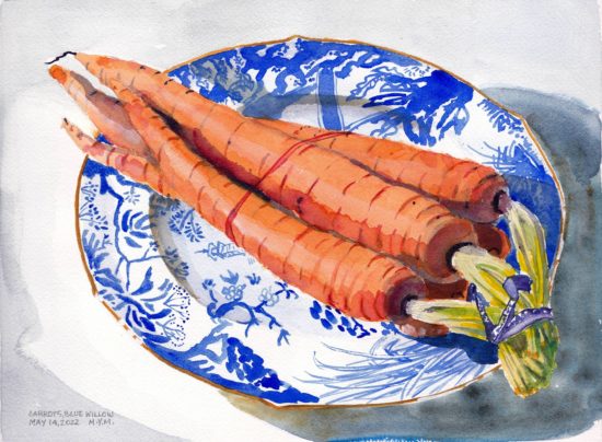 Watercolour painting of a bunch of fresh carrots bound by eleastic sitting on a Blue Willow china plate