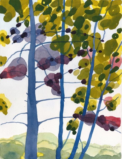 Original watercolour painting abstract of summer light through leaves of trees by michaelle mclean