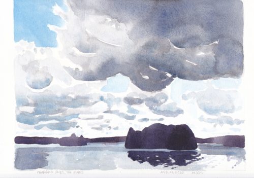 Small watercolour of summer floating clouds over a dark island on a glassy lake
