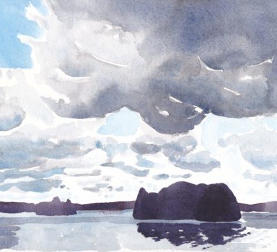 Moody watercolour painting of clouds floating over a dark island in a glassy lake