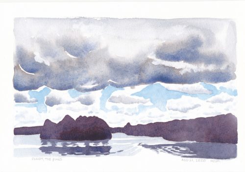 Watercolour painting of summer clouds over a dark island silhouette in a glassy lake