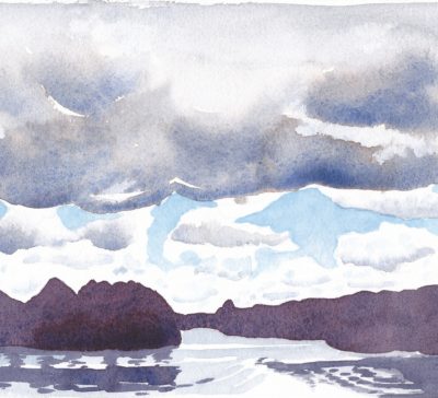 Small watercolour painting of summer clouds floating over a moody dark island in a calm lake