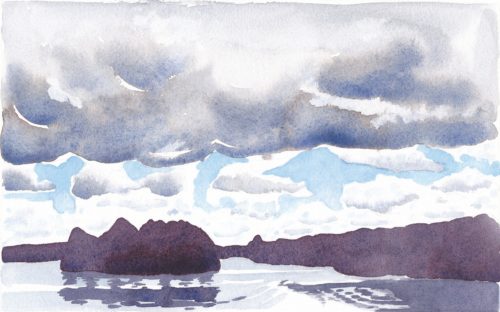Small watercolour painting of summer clouds floating over a moody dark island in a calm lake