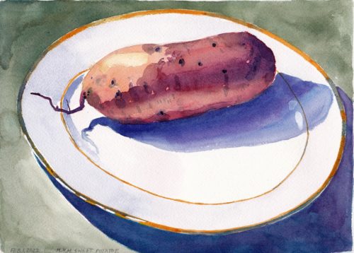 Small original watercolour painting of a sweet potatoe on a white plate with gold rim.
