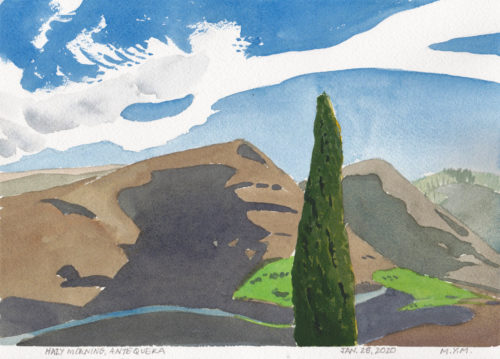 Small watercolor of a lone cypress tree against the dry winter hills of Antequera, Spain