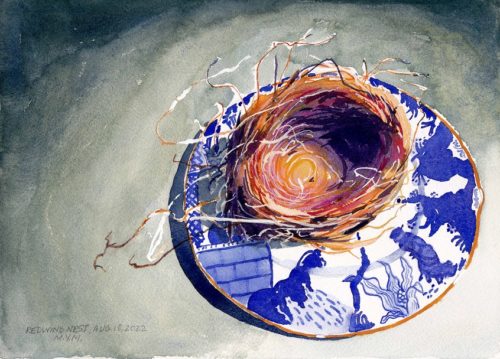 Original watercolour painting of an empty bird's nest sitting on a small royal crown derby Blue Mikado plate