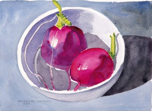 Small watercolour painting of two bright pink magenta radishes in a white bowl on a pale blue backgroung