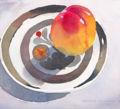small original watercolour painting of a ripe nectarine on a vintage denby stoneware striped plate