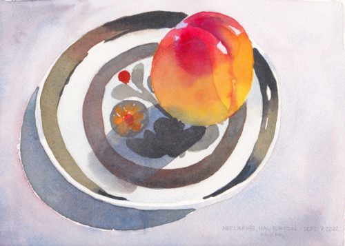 small original watercolour painting of a ripe nectarine on a vintage denby stoneware striped plate