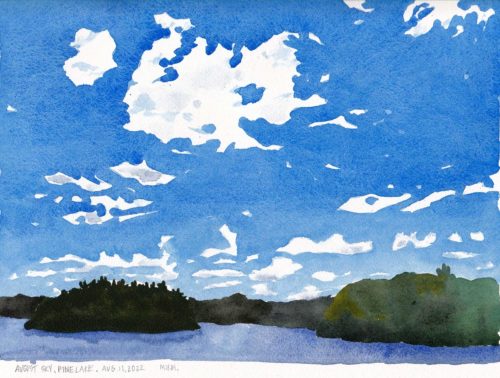 Small watercolour painting of summer sky with clouds over a lake with an island
