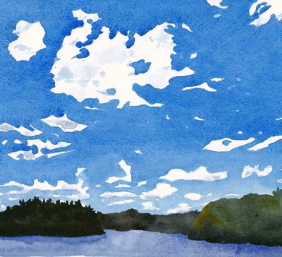 Small original watercolour of an intense blue skyscape with dark green islands below it
