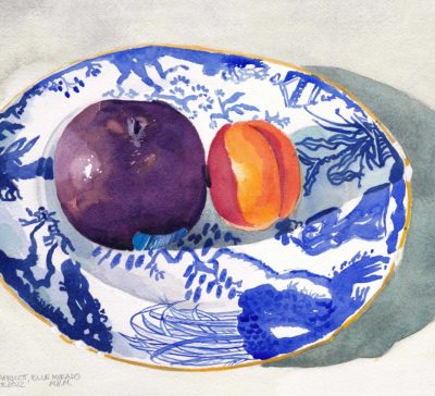 Watercolour painting of plum and apricot on Royal Crown Derby Blue Mikado china plate
