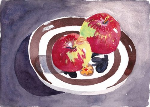 Oriingal small watercolour painting of two apples on a vintage Denby pottery plate