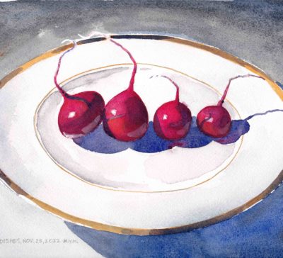 Watercolour painting of four magenta radishes sitting in a row on a white, gold rimmed limoges dinner plate