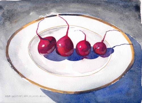 Watercolour painting of four magenta radishes sitting in a row on a white, gold rimmed limoges dinner plate