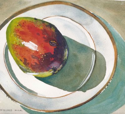 Small original watercolour painting of a red mango a white gold rimmed limoges china plate.