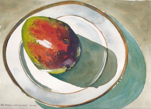 Small original watercolour painting of a red mango a white gold rimmed limoges china plate.