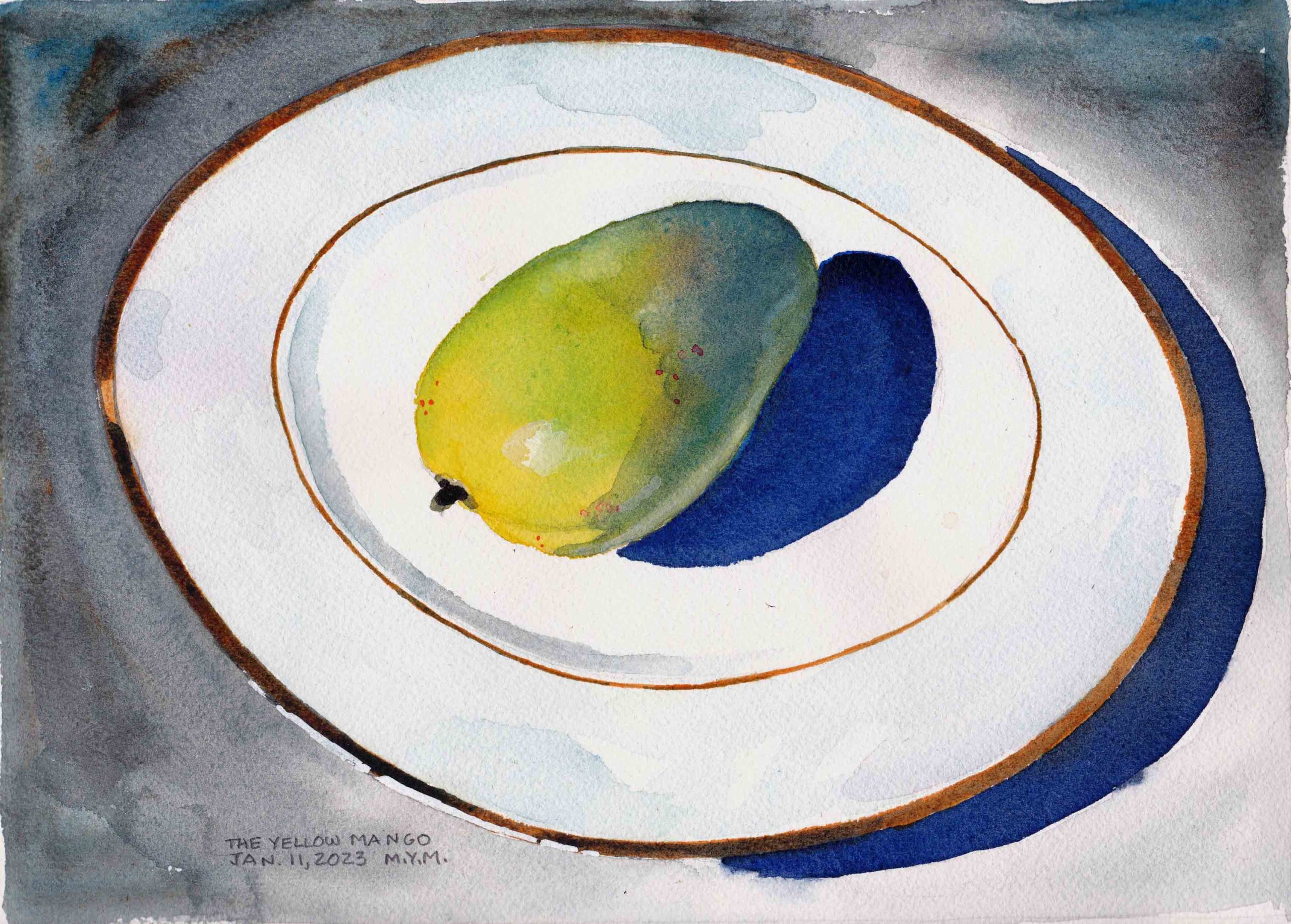 A small watercolour painting of a yellow mango sitting on a white gold-rimmed limoges dinner plate.