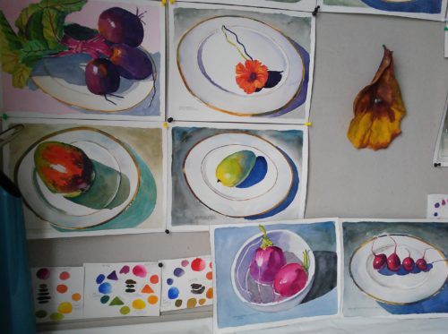 Several small watercolour paintings by Michaelle McLean of mango, nasturtium flower, beets and radishes sitting on china plates are pinned to a bulletin board in daylight