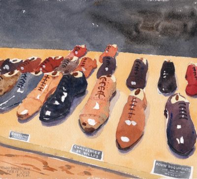 Small original watercolour painting of a shop window of smart mens town shoes in Aix en Provence, France.