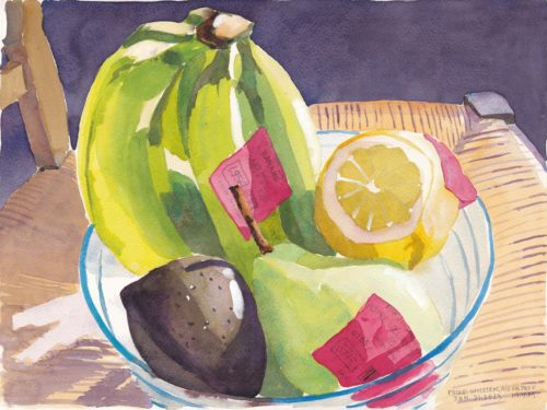 Original still life watercolor painting of a bowl of fruit including bananas, poire william, lemon and avocado sitting the seat of a wicker dining chair.