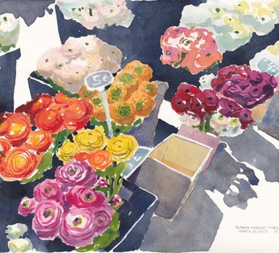Original watercolor painting of buckets of brightly colored fresh flowers in Marseille, France.