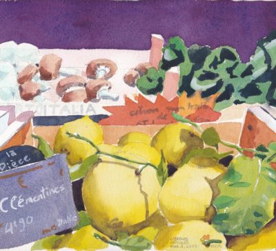 Small original watercolour painting of a box of lemons on display at a fruit market with french signs indicating citrons and clementines.