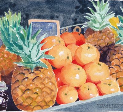 small watercolour painting of a fruit stand display of oranges and pineapples