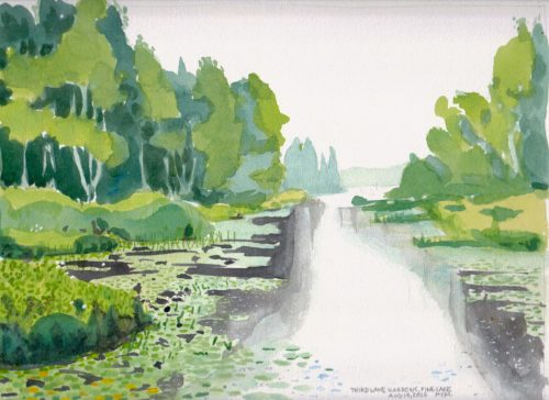 Small original watercolour painting of a narrow body of water between green summer trees in the mist.