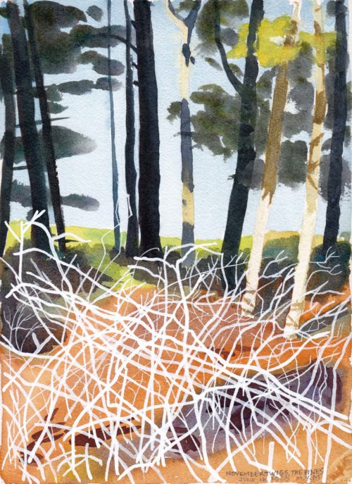 Small original watercolour painting of a pile of white twigs against a group of trees, slightly abstract.